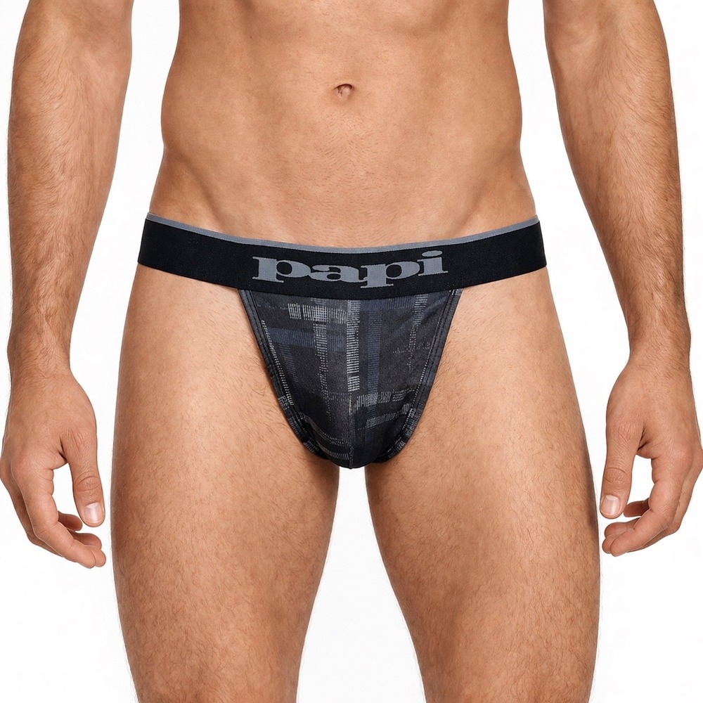 Papi Microflex Mens Jockstrap 2-Pack Black Grey Geometric Grid Size Small
